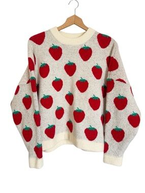 Lisa Says Gah Ella Red Strawberry Cream Knit Cozy Pullover Sweater size M/L